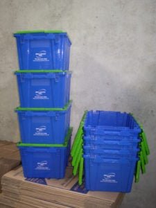 BC2 business move plastic crate showing nested crates, stacked moving crates.